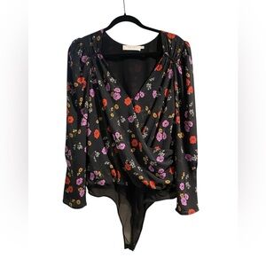 ASTR The Label Women's Black Floral Faux Wrap Bodysuit XL Long Sleeve